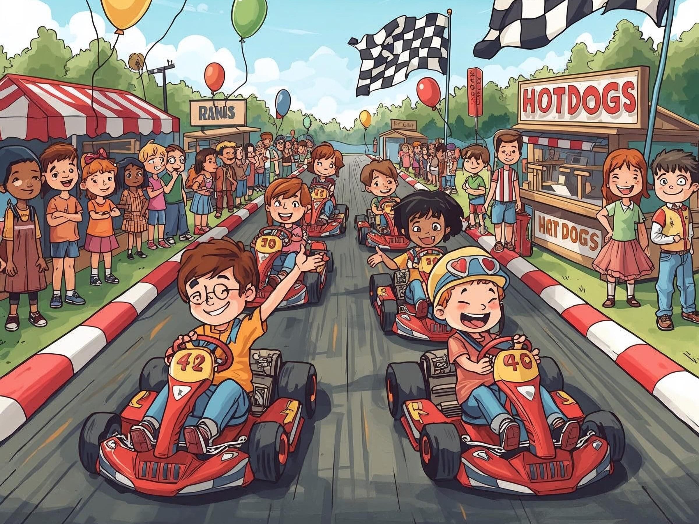 Nens i nenes molt feliços celebrant el seu aniversari a Karting Minilandia, a menys de 20 minuts del centre de Barcelona. Es veuen els nens al circuit i els pares com a espectadors, també passant-ho d’allò més bé. Al pica-pica hi ha hot dogs, molts globus i banderes de carreres.